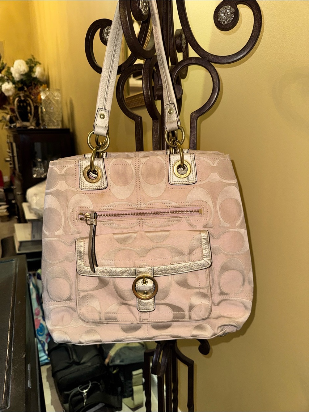 Coach Blush Pink Signature Jacquard Shoulder Bag with Gold Hardware
